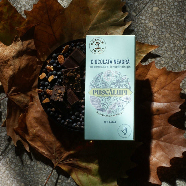 Ciocolată 70% cacao cu portocale și ienupăr din gin Pușcălupi 80g