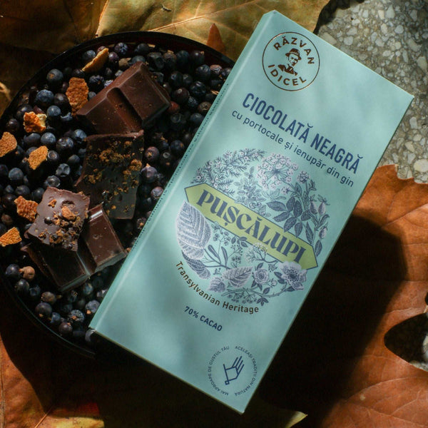 Ciocolată 70% cacao cu portocale și ienupăr din gin Pușcălupi 80g