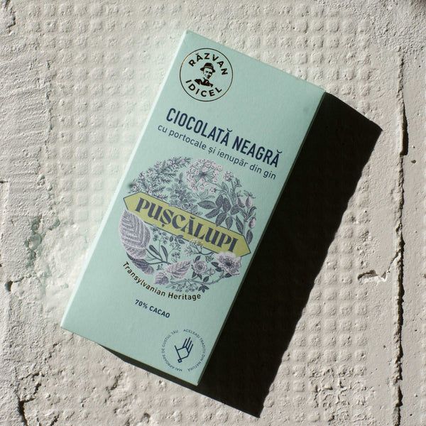 Ciocolată 70% cacao cu portocale și ienupăr din gin Pușcălupi 80g