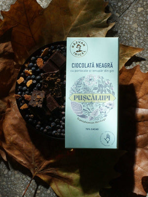 Ciocolată 70% cacao cu portocale și ienupăr din gin Pușcălupi 80g